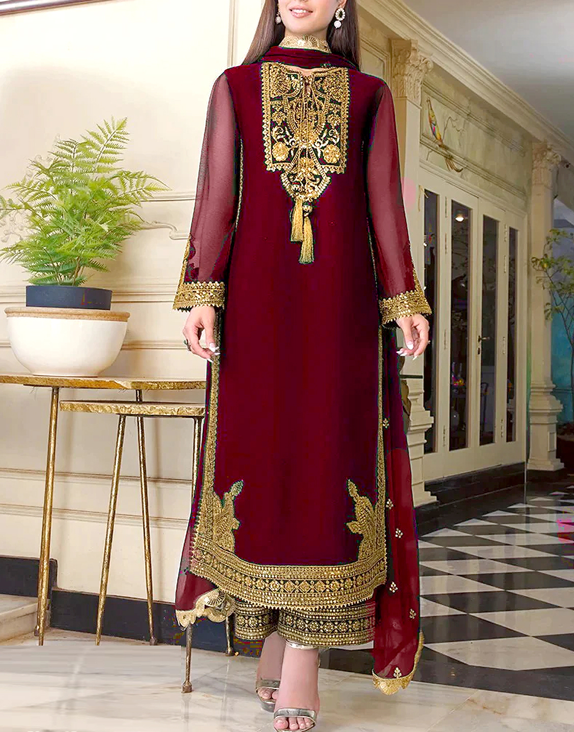 Elegant Embroidered Maroon Chiffon Party Dress 2024 Price in Pakistan ...