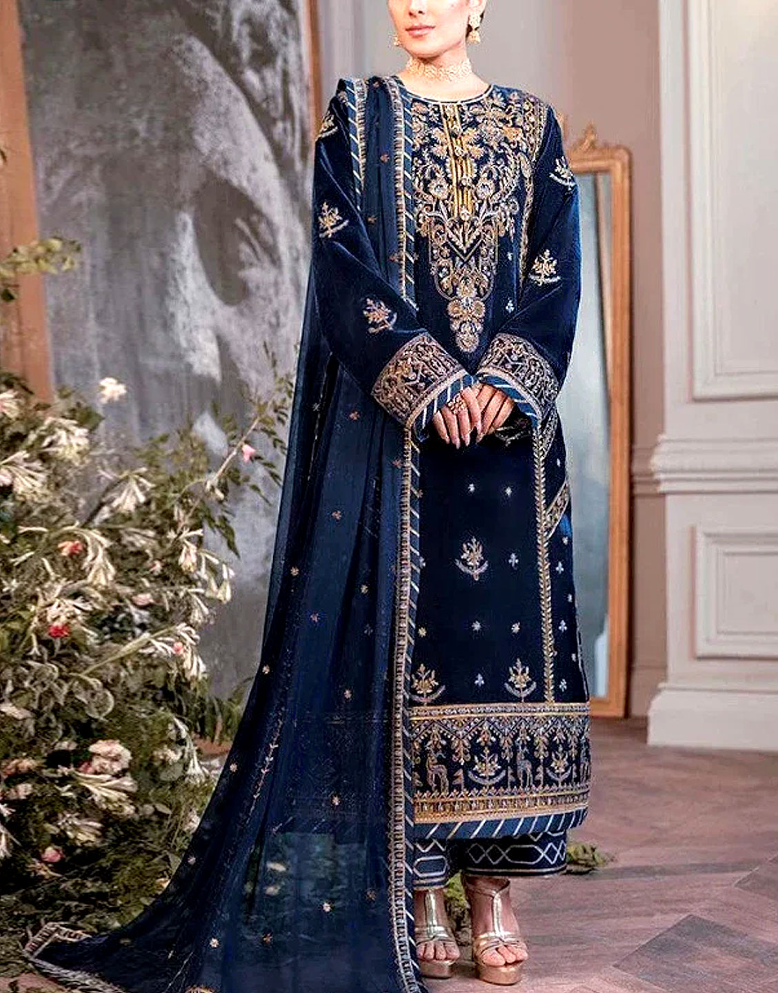 P15576 Embroidered Velvet Wedding Dress 