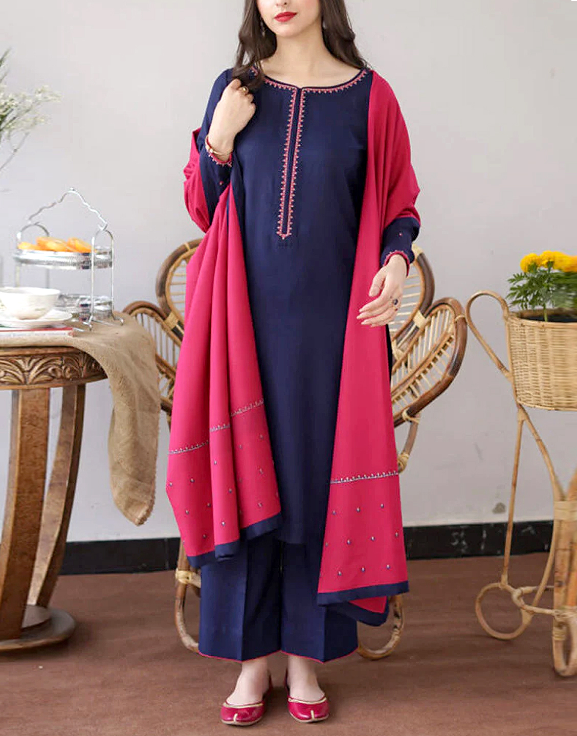 Decent Embroidered Dhanak Dress with Dhanak Shawl Dupatta Price in ...