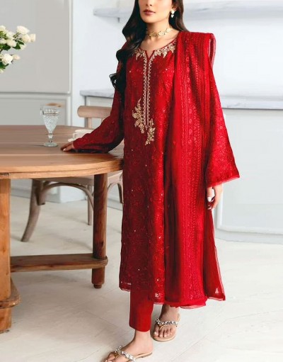 Heavy Embroidered Red Chiffon Party Wear