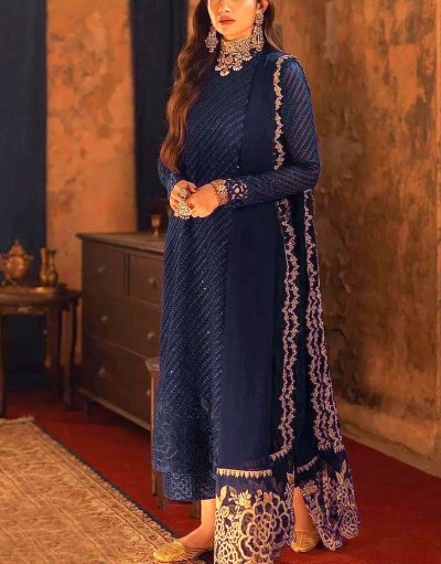 Fancy Heavy Embroidered Navy Blue Chiffo