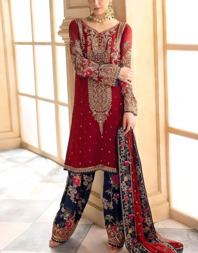 Heavy Embroidered with Handwork Red Chif