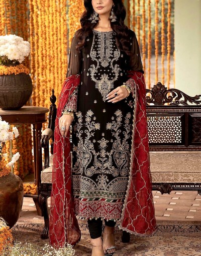 Elegant Heavy Embroidered Black Chiffon 